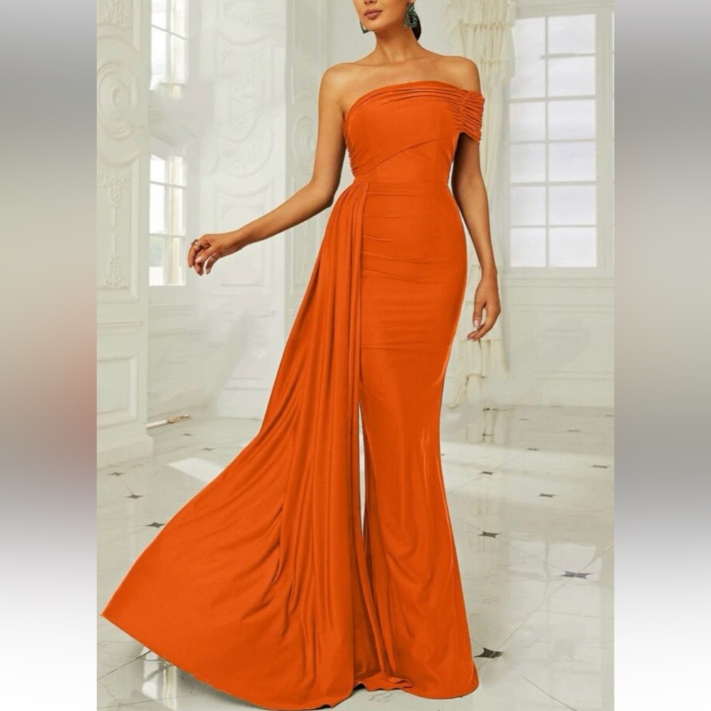 Luxe orange one shoulder draped party formal evening gown dress